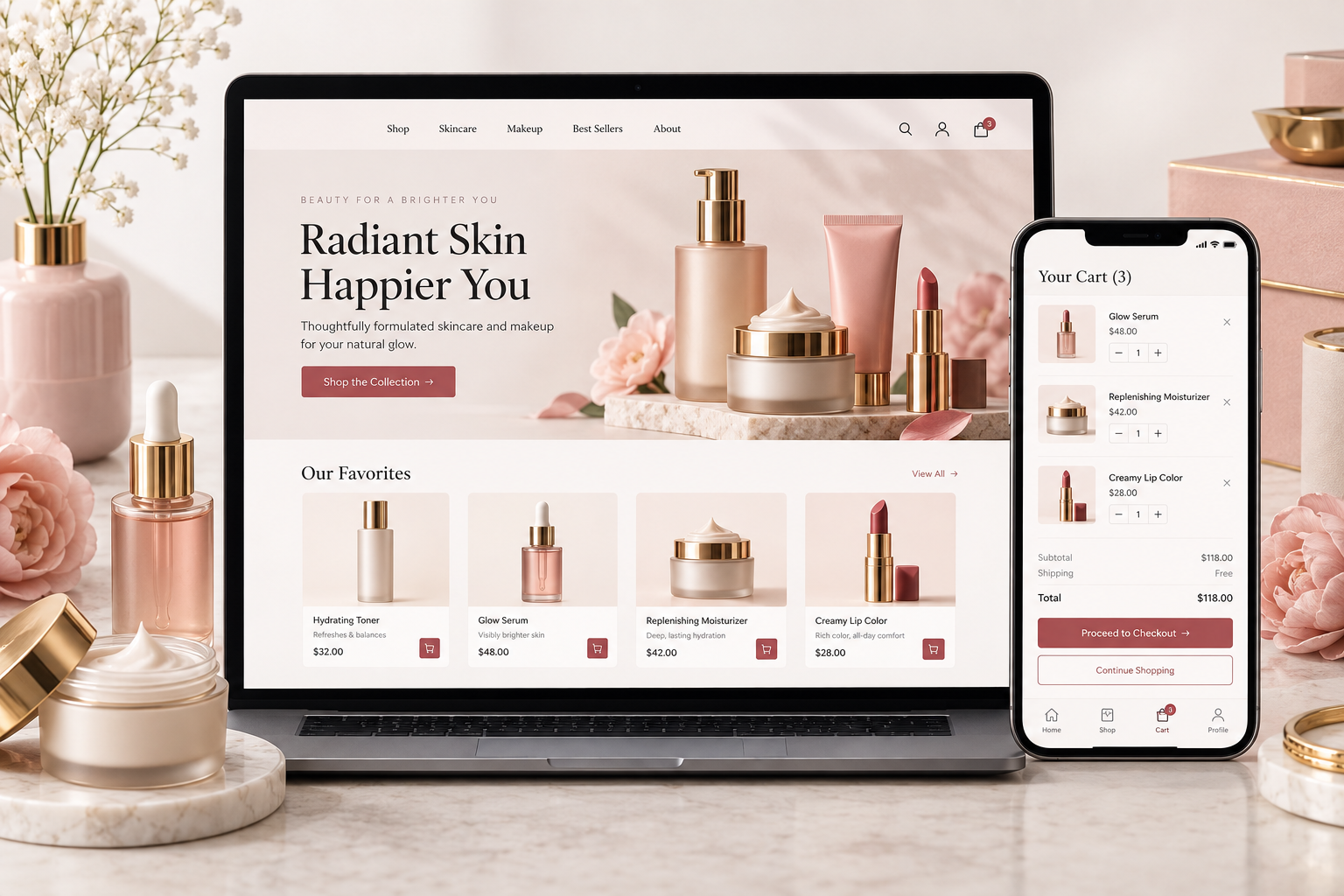 Contoh paparan laman e-dagang kosmetik pada komputer dan telefon